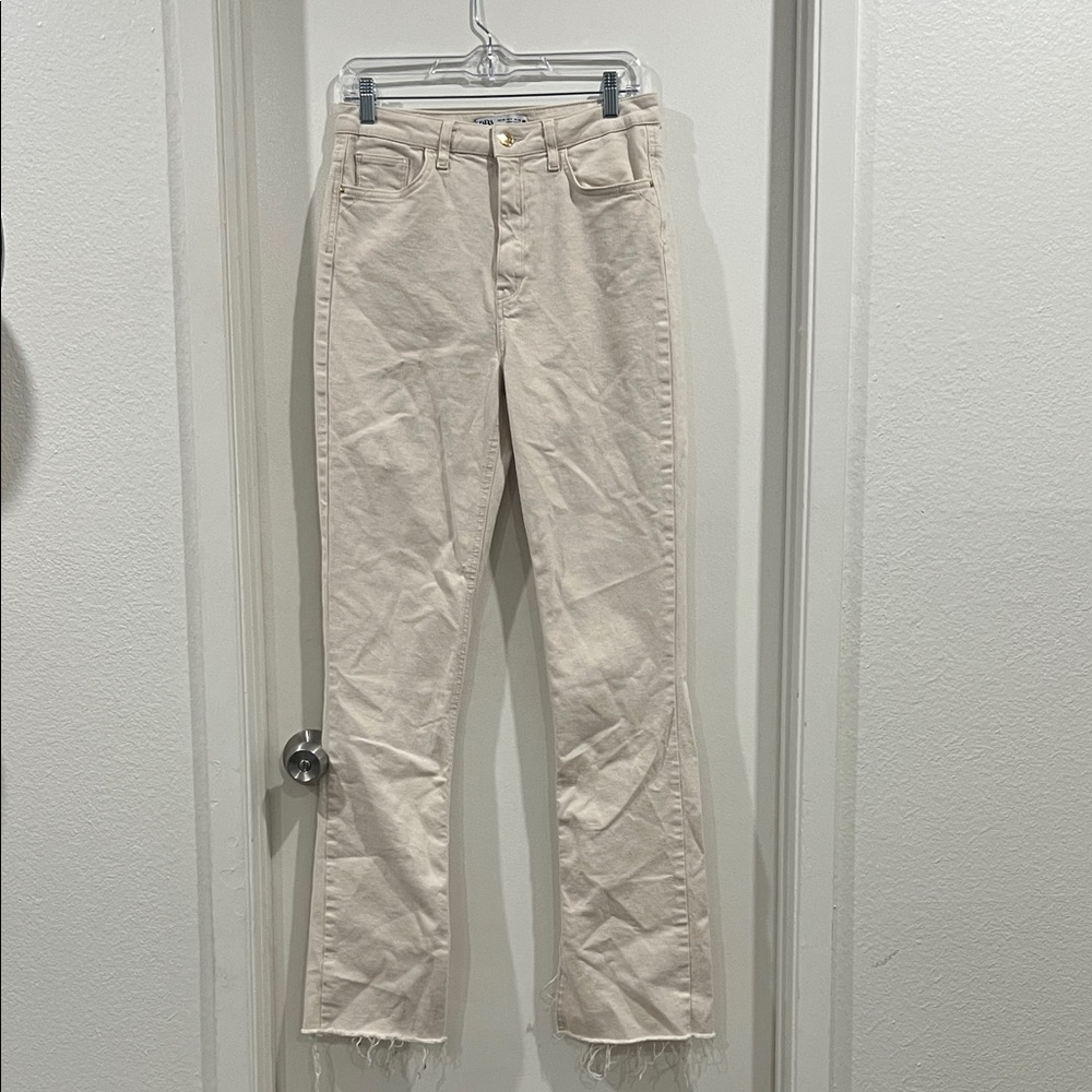 Zara Women's Cream full length Boot Cut Split Hem Jeans Size 8